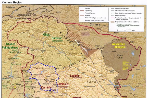 Kashmir region. LOC 2003626427 - showing Kashmir division administered by India in neon bl