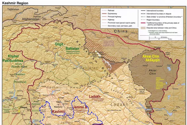 Kashmir region. LOC 2003626427 - showing Jammu division administered by India in neon blue
