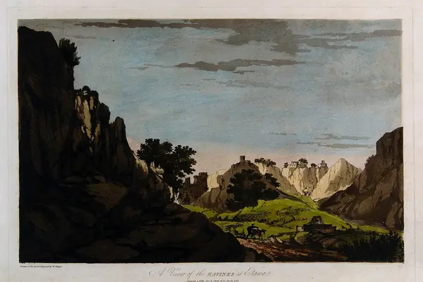 Ravines at Etawah, Uttar Pradesh. Coloured etching by Willia Wellcome V0050407