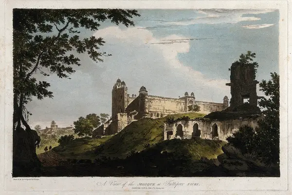Mosque at Fatehpur Sikri, Uttar Pradesh. Coloured etching by Wellcome V0050446