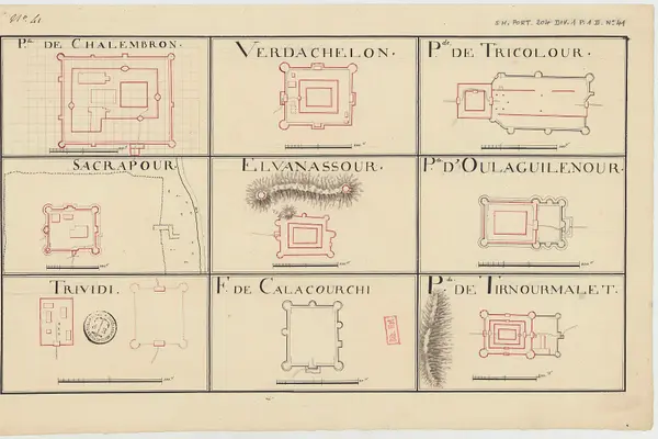 Plans de neuf pagodes et forts du Tamil Nadu - communiqués par d'Estaing - btv1b53254102z