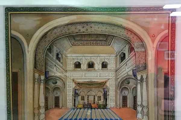 Painting of the interior of a Sikh temple (gurdwara), Punjab, ca.1875