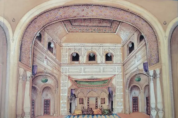 Painting of the interior of a Sikh temple (gurdwara), Punjab, ca.1875 (published in 'Piety